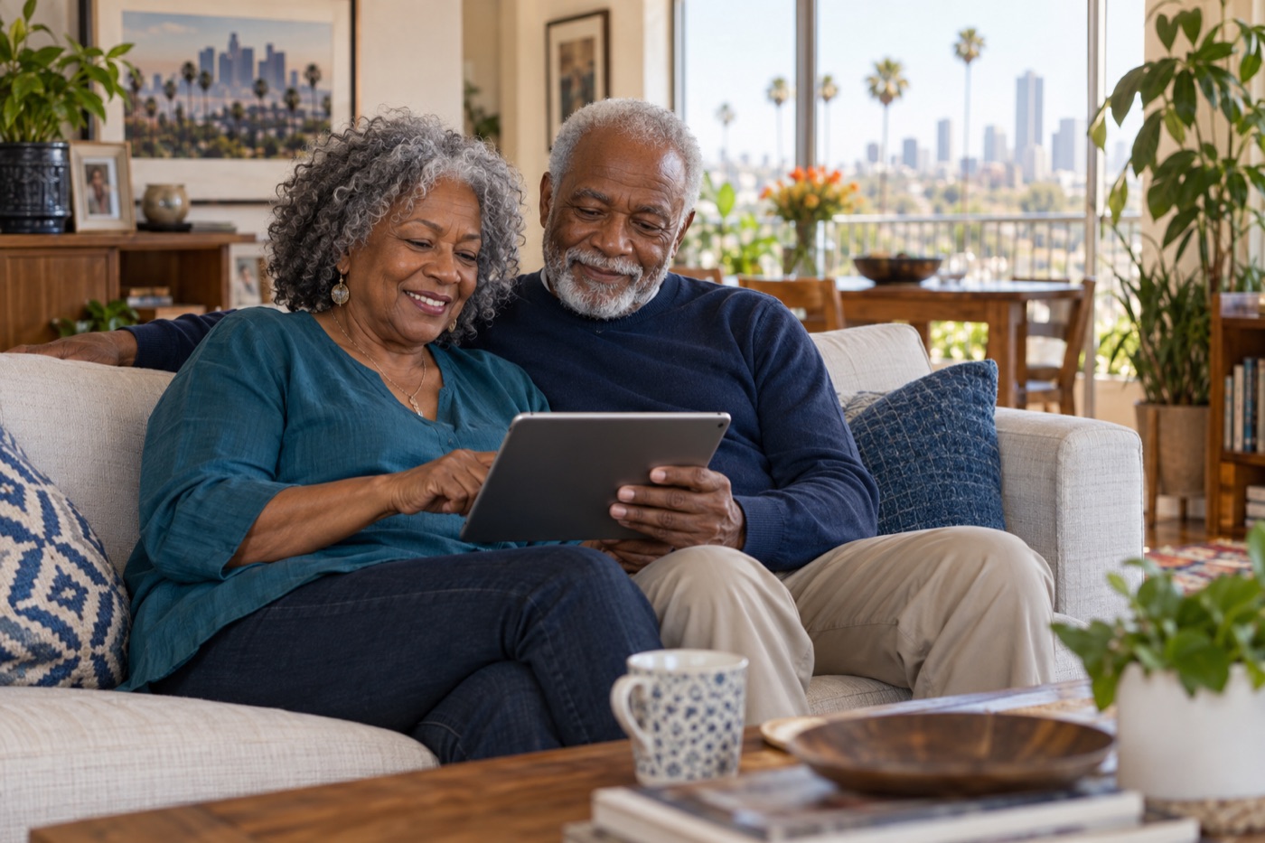 Illustrative scene of an older couple using a tablet together at home